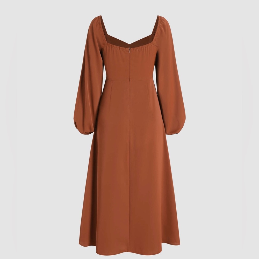 Solid Ruched Long Sleeve Split Mido Dress